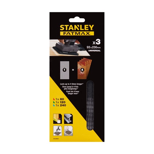STANLEY STA39067 sanding sheets pack, FATMAX, 93x230mm, three universal mesh sheets, photo of front packaging.