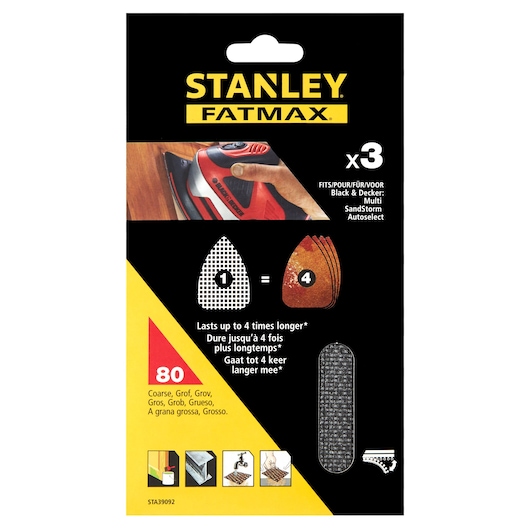 STANLEY STA39092 FATMAX coarse grit sanding sheet pack, photo of packaging front, product for sanders.