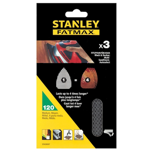 STANLEY STA39097 FatMax sanding sheets pack, 120 grit, medium, 3 pieces, photo of packaging front.