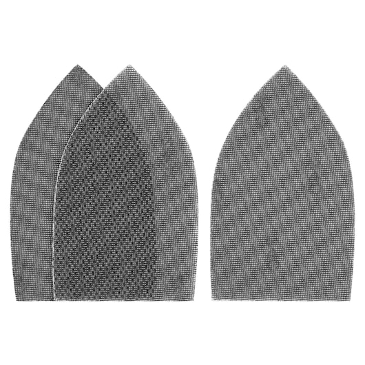 STANLEY STA39102 set of three triangular sanding mesh sheets, fine grit, top view on white background.