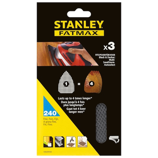 Stanley FATMAX STA39102 sanding sheet set, pack of 3, fine 240 grit, front packaging view.