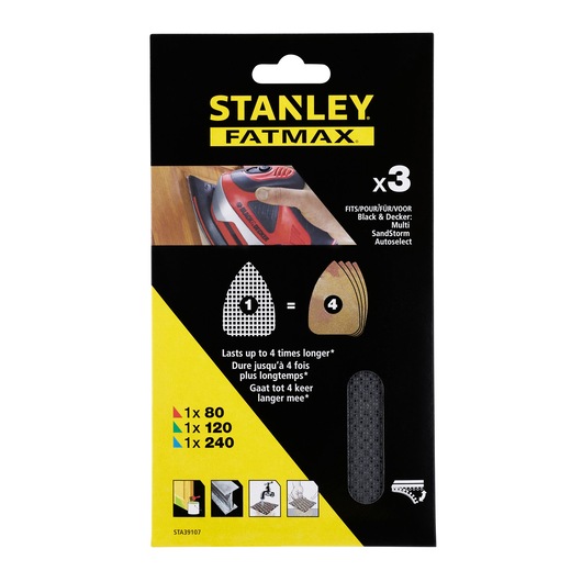 STANLEY FATMAX STA39107 sanding mesh sheets pack, assorted grits, for Black+Decker sanders, front view.