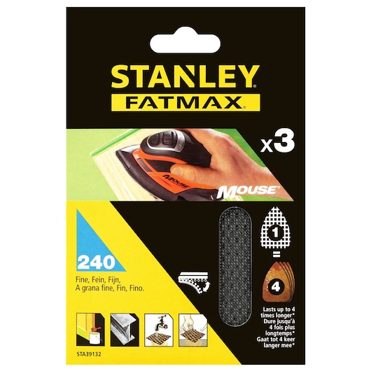 STANLEY STA39132 FatMax Mouse sanding sheets pack, 240 grit, black, fine, front angle.