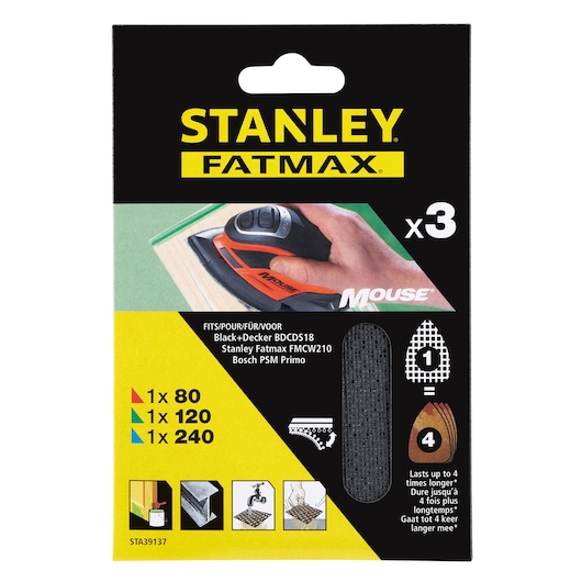 STANLEY FATMAX STA39137 sanding sheets assorted pack front view, showing product fitment and grit sizes 80, 120, 240.