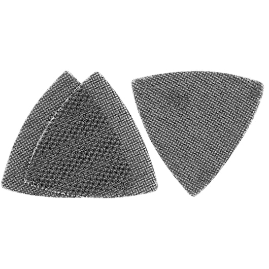 STANLEY STA39182 triangular mesh sanding sheets, set of three, black, photography, front angle on white background.