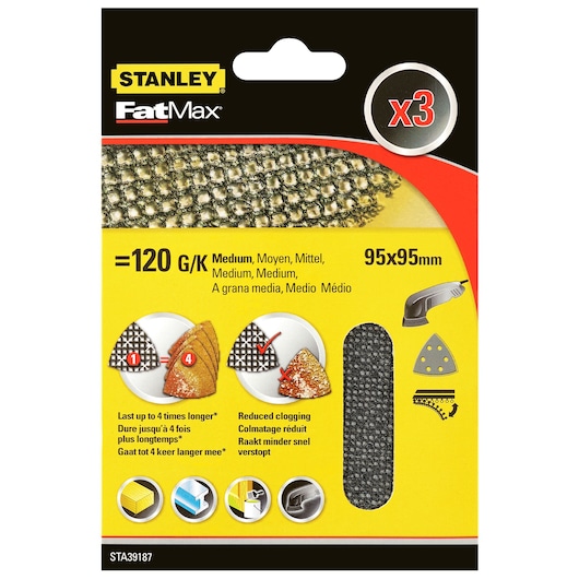 STANLEY STA39187 FatMax medium grit sanding mesh, pack of three, 95x95mm, front packaging photo.