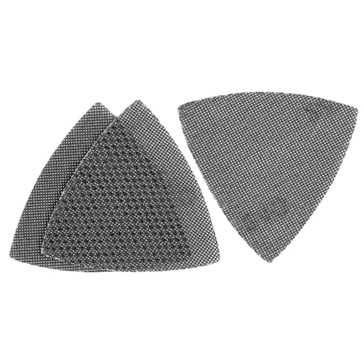 Photo of STANLEY STA39192 triangular mesh sanding sheets, black, product photography on white background.