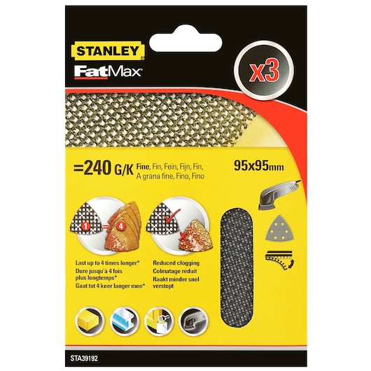 STANLEY FatMax STA39192 fine mesh sanding sheets 95x95mm, 240 grit, pack of 3, front packaging photo.