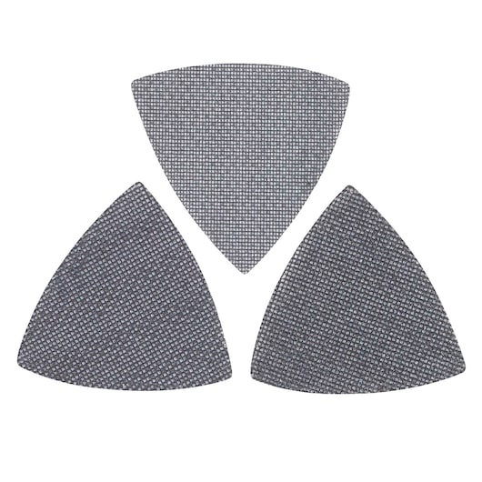 STANLEY STA39197 sanding mesh pads, set of three, grey, photographed from above on white background.
