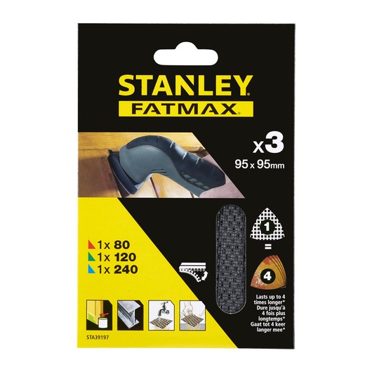 STANLEY FATMAX STA39197 sanding sheets pack, 3 assorted grits, 95x95mm, front packaging photo.