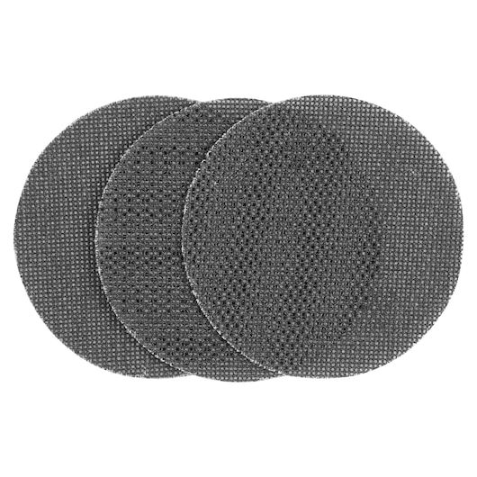 STANLEY STA39222 mesh sanding discs, set of three black round abrasive pads, front view on white background.