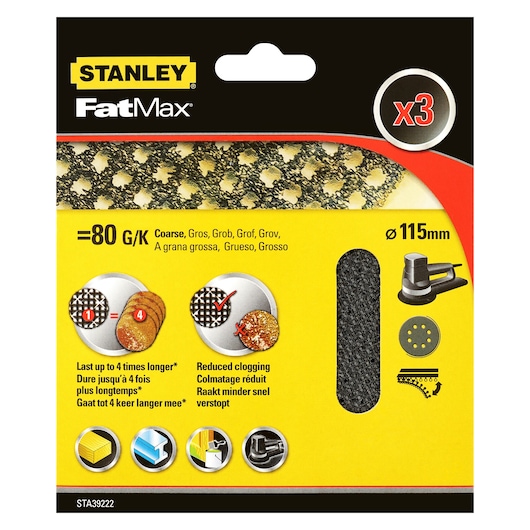 STANLEY STA39222 FatMax 80 grit coarse sanding discs, set of 3, 115mm, packaging front angle.