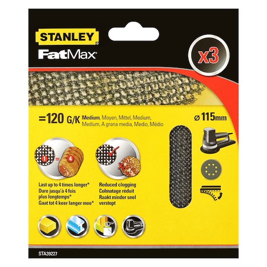 STANLEY STA39227 FatMax medium grit sanding mesh discs pack, 115mm diameter, front packaging photo.
