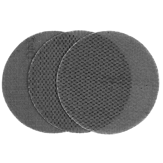 STANLEY STA39232 set of three round mesh sanding discs, black, shown from top view on white background.