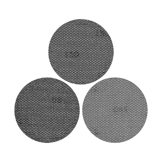 STANLEY STA39237-XJ set of three round black mesh sanding discs, photography, top view on white background.