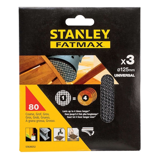 STANLEY FATMAX STA39252 coarse 80 grit sanding disc pack, product box front, photography, white background.