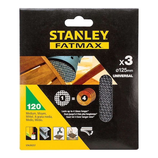 Photo of STANLEY STA39257 sanding disc set 120 grit, Fatmax, 3-pack, 125mm universal, front packaging angle.