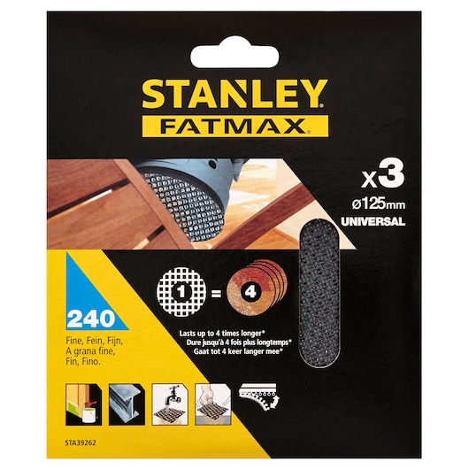 STANLEY STA39262 sanding discs FATMAX 240 grit, pack of 3, universal 125mm, front packaging angle.