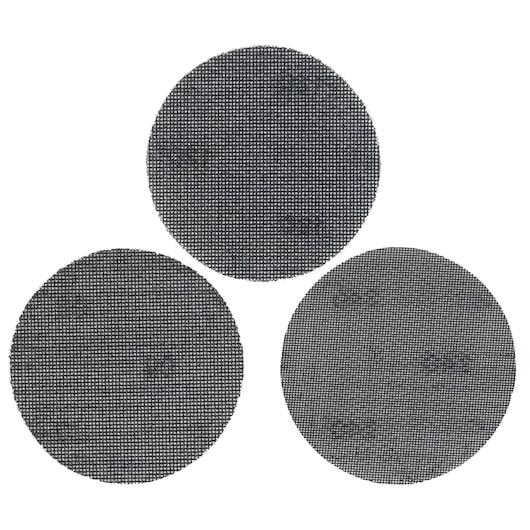 STANLEY STA39267 sanding mesh discs, set of three black round abrasive pads, top view on white background.