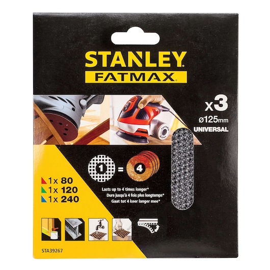 STANLEY FATMAX STA39267 universal 125mm sanding discs, pack of 3, black packaging with images of sanders and grit indicators, front angle.