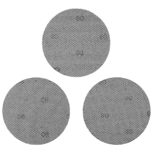 STANLEY STA39282 pack of three round mesh sanding discs, grey, top view, product photography.