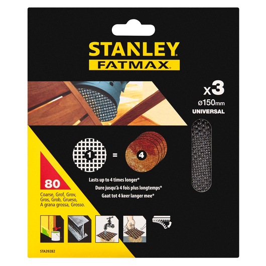 Stanley FATMAX STA39282 coarse sanding mesh discs pack, photography of front packaging, 80 grit, 150mm, set of 3.