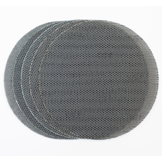 Photo of STANLEY STA39297 round mesh sanding sheets, set of five, black, top view on white background.
