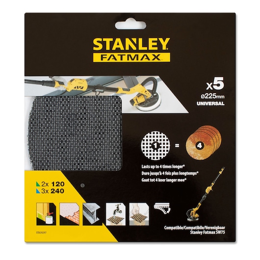 Stanley Fatmax STA39297 universal abrasive mesh disc pack, 225mm, 5 pieces, front packaging photo.