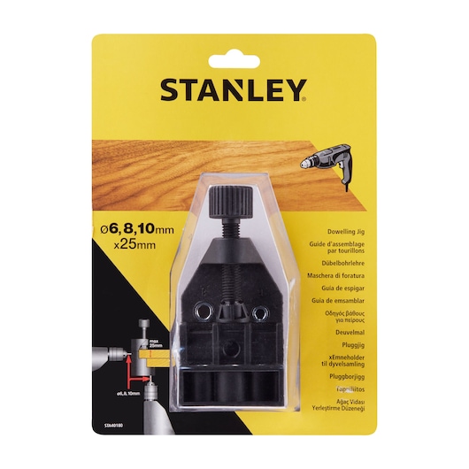 Stanley STA40180 dowelling jig in retail packaging, front angle, black tool with yellow backing card.