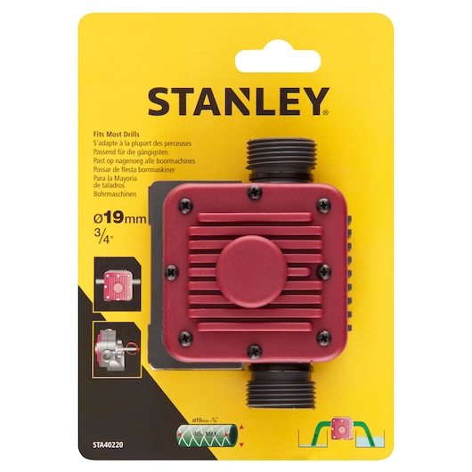 STANLEY STA40220 drill water pump, red and black, packaging front angle