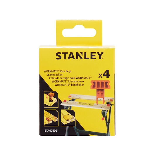 STANLEY STA40400 WORKMATE Vice Pegs packaging, yellow box front angle, shows 4 pegs and usage illustrations.