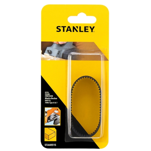 STANLEY STA40515 replacement drive belt for Black+Decker planer, black rubber, retail packaging, front angle.