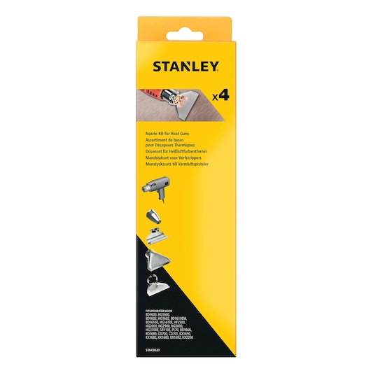 STANLEY STA43020 heat gun nozzle kit packaging, yellow and black box, photo of included 4-piece nozzle set, front angle.
