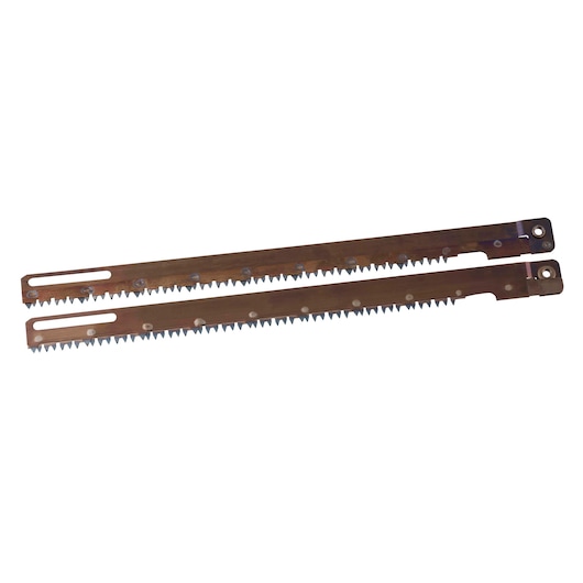 STANLEY STA44300 saw blade set, brown metal with sharp teeth, photography, front angle, white background.