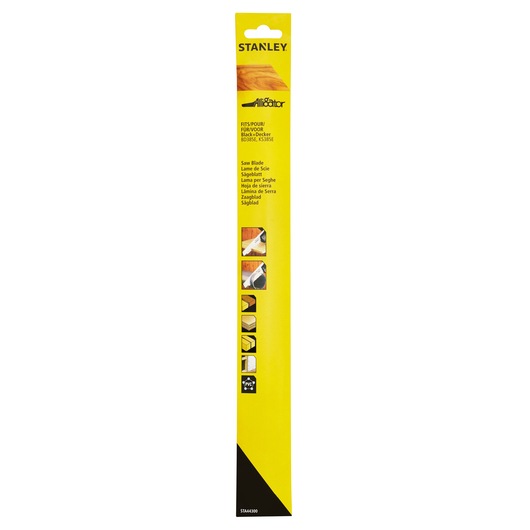 STANLEY STA44300 saw blade packaging, vertical yellow box with Alligator branding, photography, front angle.