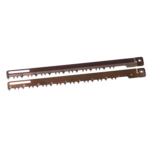 STANLEY STA44305 photography of two brown metal saw blades, top view, isolated on white background.