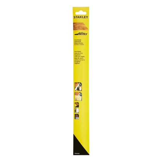 STANLEY STA44305 saw blade in yellow packaging, front angle with product information and images on the sleeve.