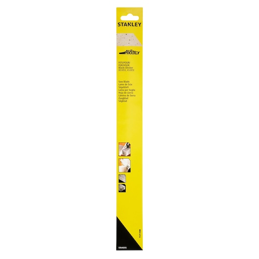 STANLEY STA44315 saw blade packaging, yellow and black, front angle, fits Black+Decker BDS855, KS835E.