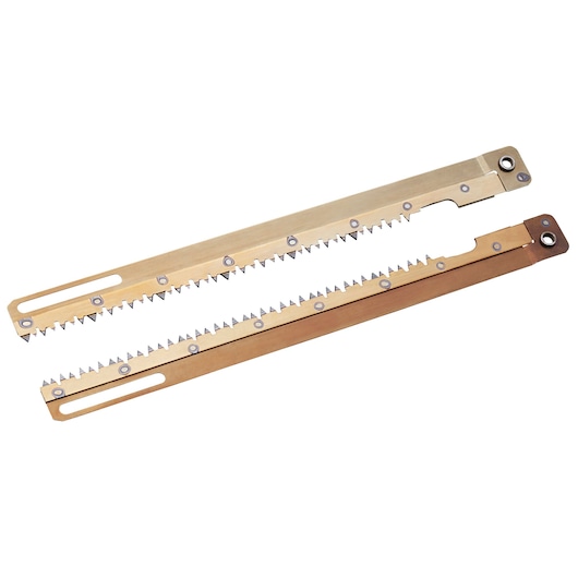 Photo of STANLEY STA44320 saw blade set with sharp metal teeth, top view on white background.