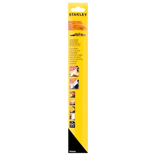 STANLEY STA44320 saw blade packaging, yellow rectangle, front view, Alligator branding, multilingual text.