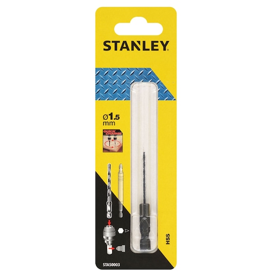 Stanley STA50003 HSS drill bit 1.5mm in retail packaging, front angle photo.