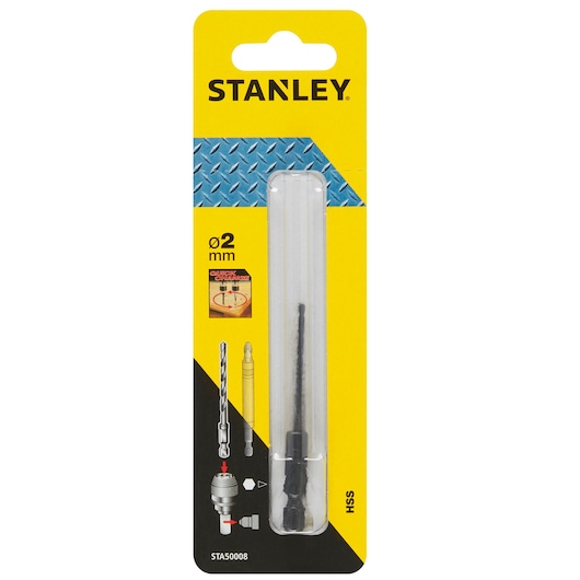 Photo of STANLEY STA50008 HSS 2mm drill bit in retail packaging, front angle, yellow and black design.