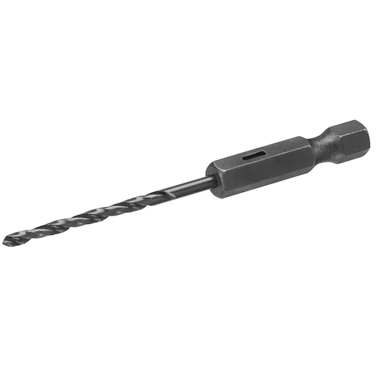 STANLEY STA50013 black hex shank drill bit, photography, side angle on white background.