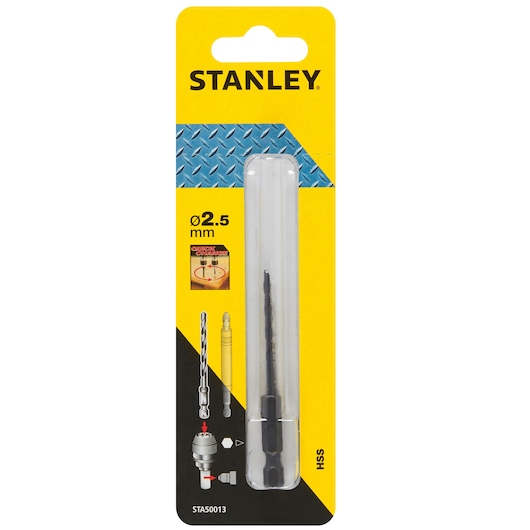 STANLEY STA50013 HSS 2.5mm drill bit in retail packaging, front angle, yellow and black design.