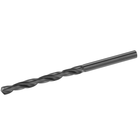 Black metal twist drill bit with straight shank on a white background.