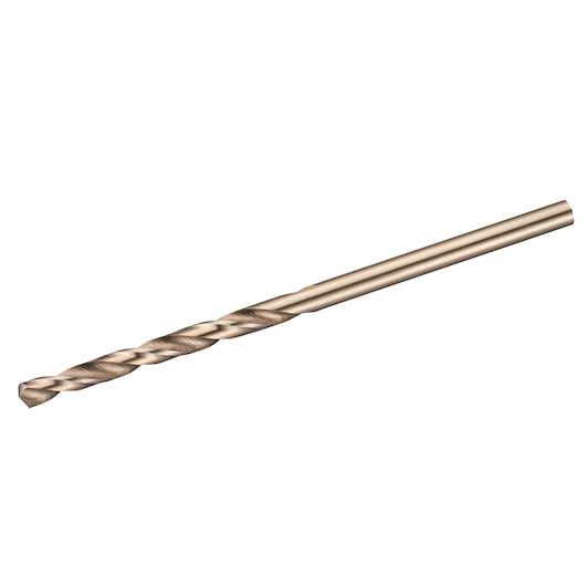 STANLEY STA50077 metal twist drill bit, side angle, gold finish, standard length, photography on white background.