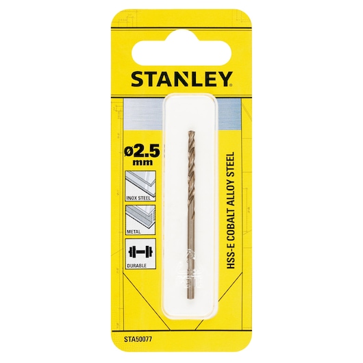 STANLEY STA50077 HSS-E cobalt alloy steel drill bit 2.5mm in yellow retail pack, front angle.