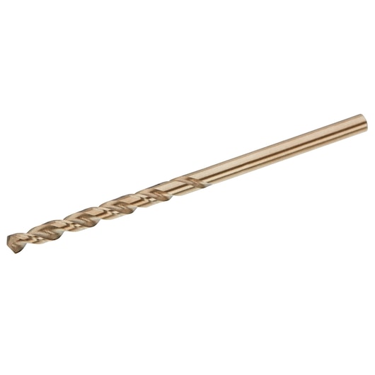 Photo of Stanley STA50087 twist drill bit, gold color, shown at a side angle on white background.