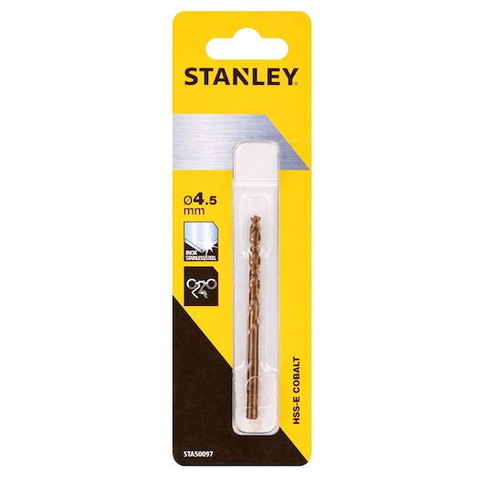 Photo of STANLEY STA50097 cobalt HSS drill bit 4.5mm in retail packaging, front angle on white background.