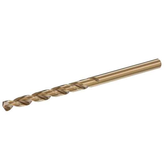 STANLEY STA50102 gold metal twist drill bit, side angle, on white background.